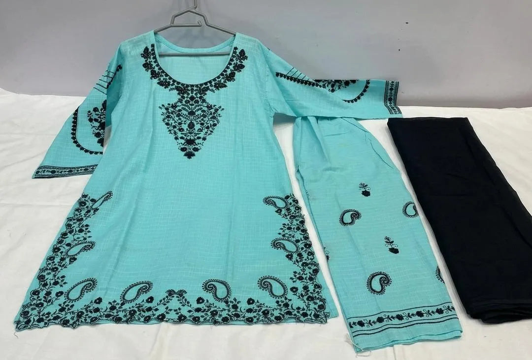 Blue Embroidered Cotton Lawn 3-Piece Suit for Women