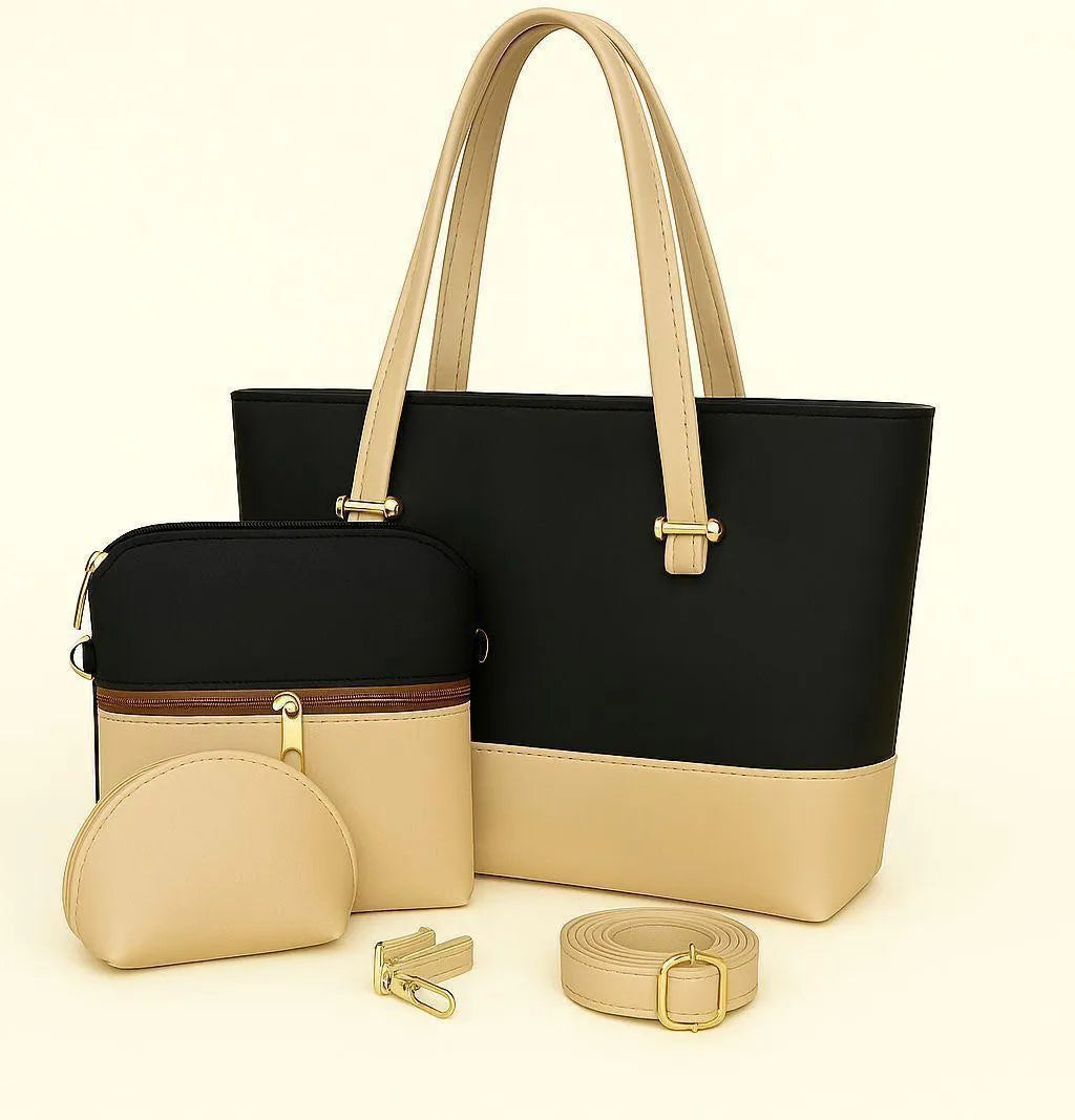 Women's 3-Piece Leather Shoulder Bag Set - Black & Beige