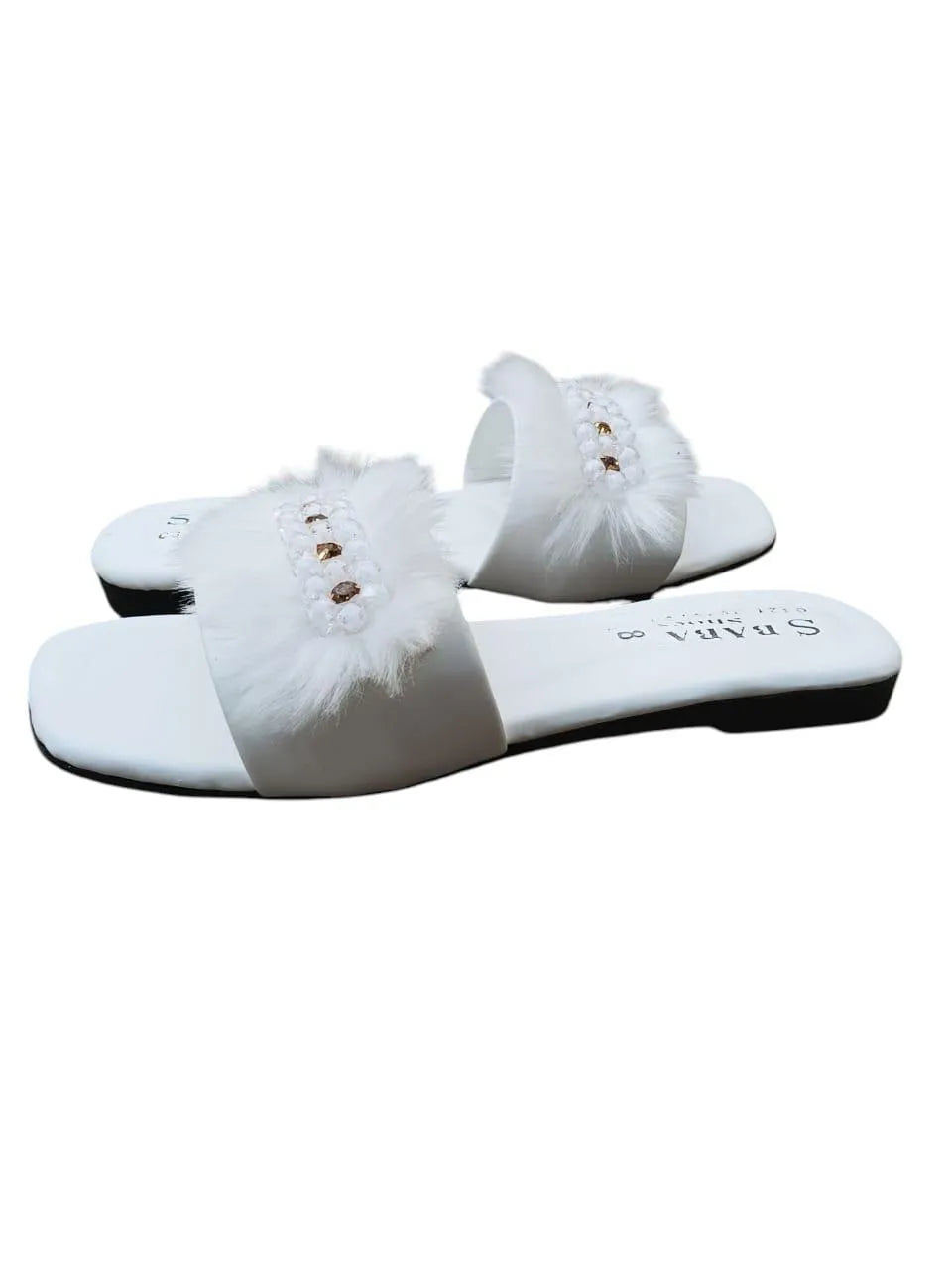 White Fluffy Slippers with Crystal Embellishments for Women