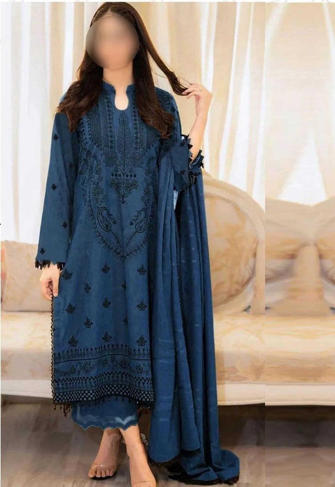 Elegant Blue Embroidered 3-Piece Lawn Suit – Unstitched