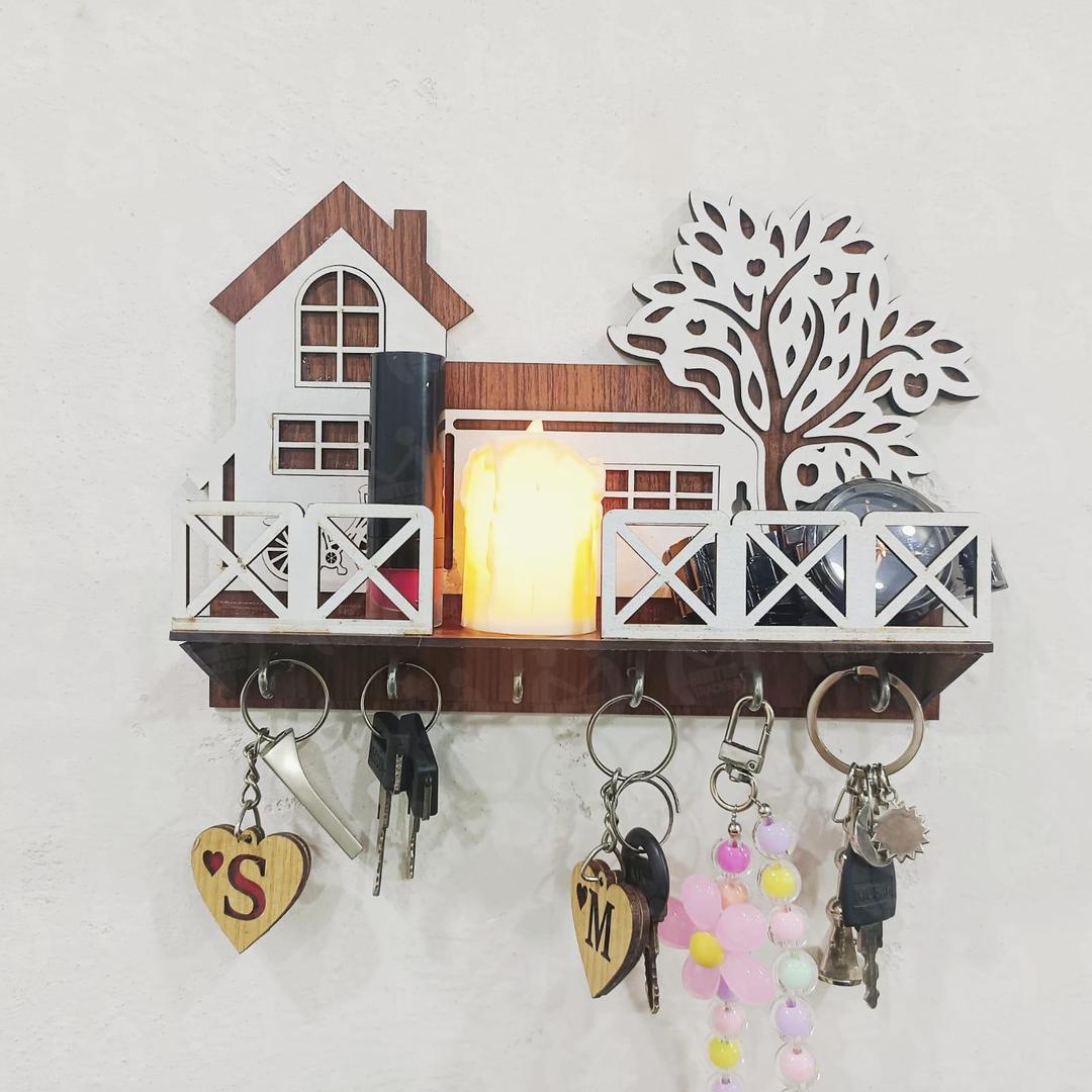 Elegant Wooden Tree & House Key Holder – Wall Mounted Key & Organizer