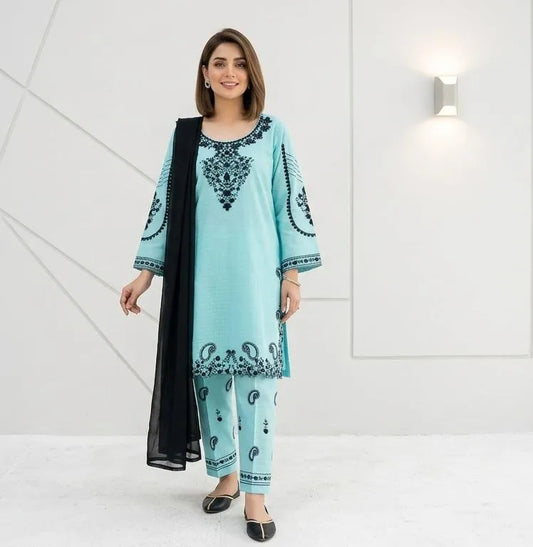 Blue Embroidered Cotton Lawn 3-Piece Suit for Women
