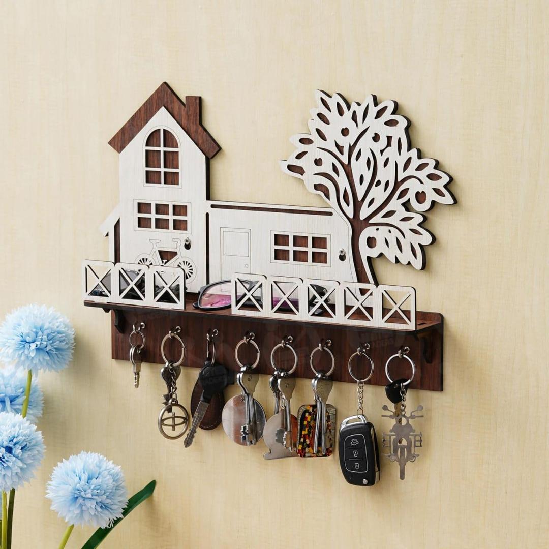 Elegant Wooden Tree & House Key Holder – Wall Mounted Key & Organizer
