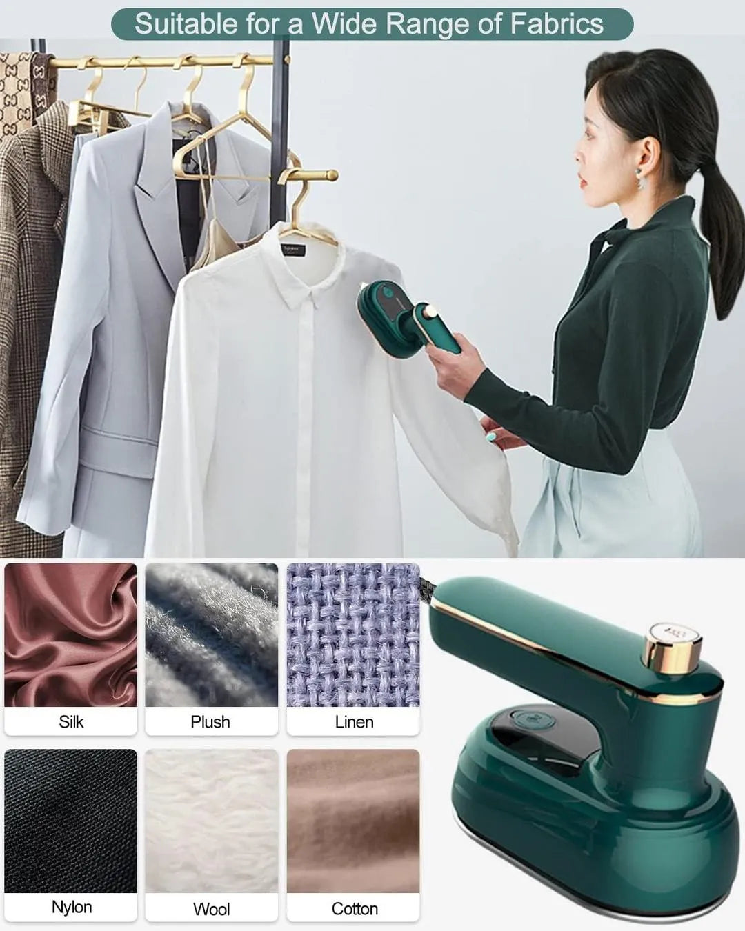 Portable Green Steam Iron – Fast Heating Mini Garment Steamer for Quick Wrinkle Removal