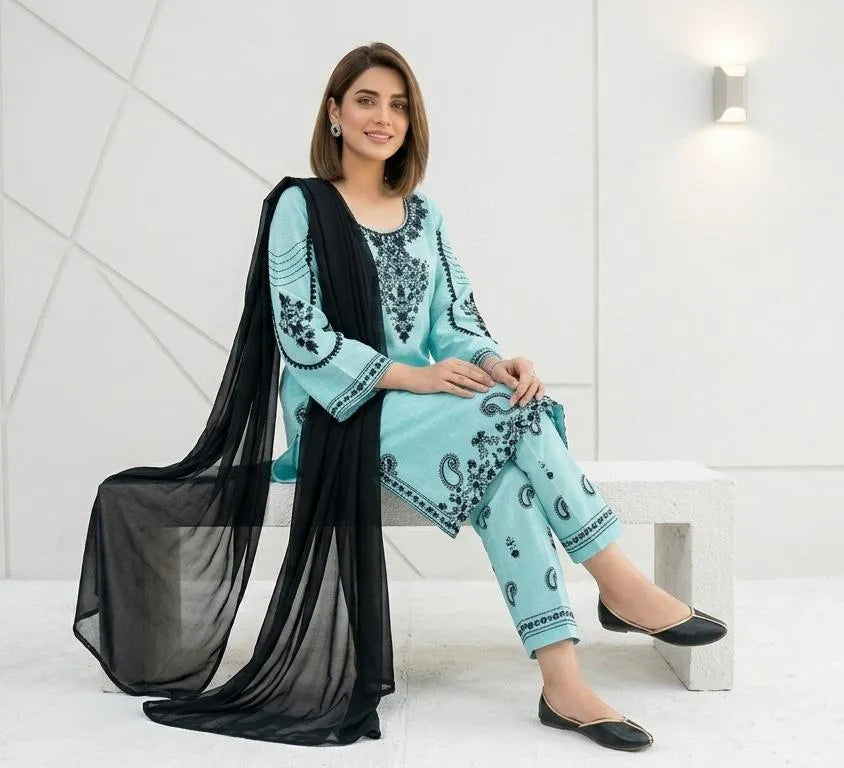 Blue Embroidered Cotton Lawn 3-Piece Suit for Women