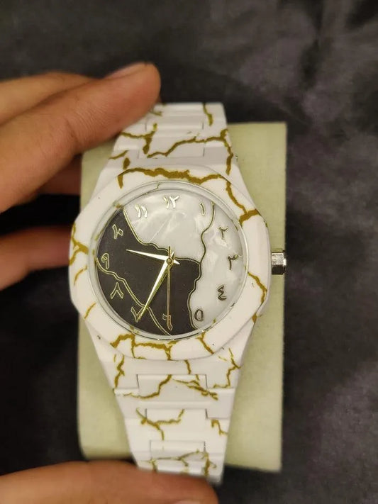 Men's Carbon Fiber Marble Watch – White Gold