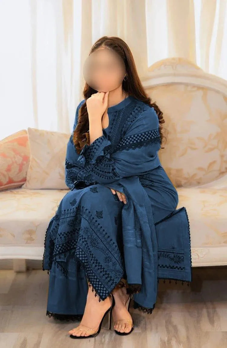 Elegant Blue Embroidered 3-Piece Lawn Suit – Unstitched