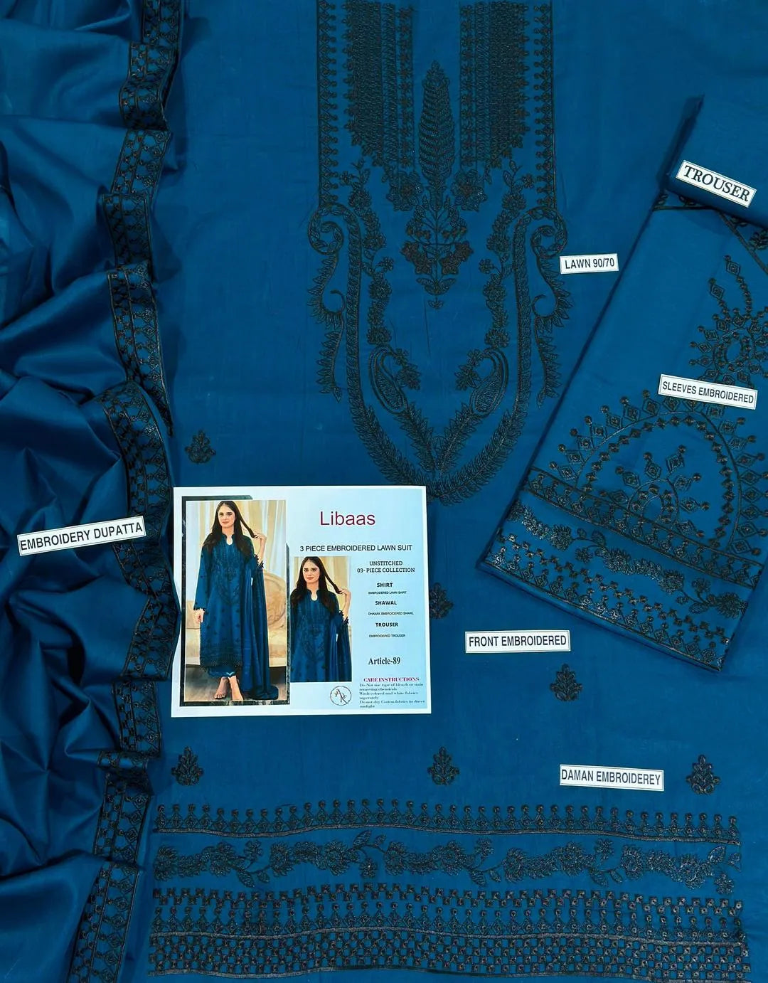 Elegant Blue Embroidered 3-Piece Lawn Suit – Unstitched